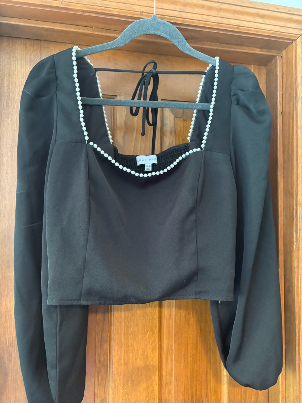 Black Pearl-Trim Square Neck Puff Sleeve Top